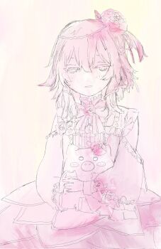 1girl animal bad_anatomy bad_hands blush_stickers clothing_cutout commentary cowboy_shot dress faux_traditional_media frilled_dress frills hair_between_eyes half-closed_eyes highres holding holding_animal light_smile limited_palette lolita_fashion long_sleeves looking_down monochrome nijisanji nijisanji_en open_mouth pink_theme puffy_long_sleeves puffy_sleeves rosebud_(rosemi_lovelock) rosemi_lovelock rosemi_lovelock_(1st_costume) shoulder_cutout simple_background solo symbol-only_commentary virtual_graduation_commemoration virtual_youtuber z4t_ar