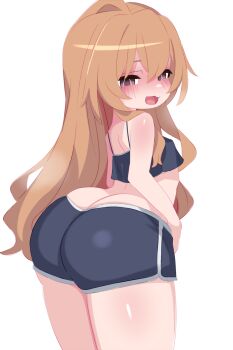 1girl :3 aisaka_taiga ass black_shirt black_shorts blush breath brown_eyes brown_hair crop_top flat_chest from_behind huge_ass kukuchi581 kyojiri_loli loli long_hair looking_at_viewer looking_back midriff open_mouth shirt shorts sleeveless sleeveless_shirt smile standing steam thick_thighs thighs toradora! white_background wide_hips