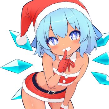 1girl absurdres alternate_costume bare_arms bare_shoulders belt bent_over black_belt blue_eyes blue_hair blush bow cirno commentary_request detached_collar finger_to_mouth flat_chest fur-trimmed_headwear fur-trimmed_skirt fur_trim hair_bow hat highres ice ice_wings looking_at_viewer neck_ribbon newbear red_ribbon red_skirt ribbon santa_costume santa_hat short_hair shushing skirt solo stomach tan tanned_cirno touhou wings