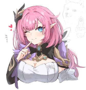 1girl aiming aiming_at_viewer blue_eyes breasts cleavage closed_mouth doge elysia_(honkai_impact) elysia_(miss_pink_elf)_(honkai_impact) gun hair_ornament heart highres holding holding_gun holding_weapon honkai_(series) honkai_impact_3rd horn/wood index_finger_raised large_breasts long_hair long_sleeves looking_at_viewer one_eye_closed pink_hair pointy_ears ponytail simple_background sketch smile solo weapon white_background