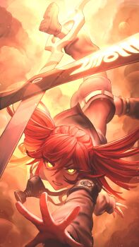 1girl absurdres boots commentary eyelashes foot_out_of_frame gachiakuta gas_mask green_eyes grey_jacket hair_between_eyes highres jacket light_particles long_hair long_sleeves looking_at_viewer mask midriff numanoan parted_lips reaching reaching_towards_viewer red_hair riyo_reaper scissors shorts solo spread_fingers teeth