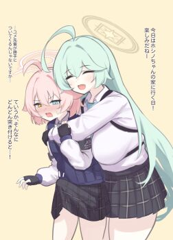 1futa 1girl absurdres ahoge armband black_armband black_gloves black_skirt blue_archive blue_eyes blush breasts bulge bulletproof_vest closed_eyes erection erection_under_clothes fingerless_gloves futa_with_female futanari gloves green_hair hair_between_eyes halo heterochromia highres hoshino_(blue_archive) hoshino_(first_year)_(blue_archive) hoshino_(young)_(blue_archive) hug hug_from_behind large_breasts long_hair long_sleeves minishell open_mouth pink_hair pink_halo pleated_skirt short_hair simple_background skirt smile translation_request very_long_hair yellow_background yellow_eyes yellow_halo yume_(blue_archive)
