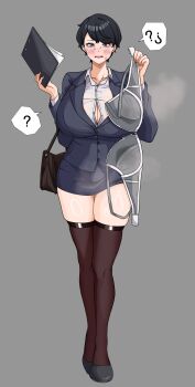 1girl ? absurdres amx1375 bag black_hair black_thighhighs blue_jacket blue_skirt blush bra breasts button_gap cleavage clipboard collared_shirt commentary crying crying_with_eyes_open dress_shirt english_commentary full_body grey_background grey_bra grey_eyes handbag highres holding holding_bra holding_clipboard holding_underwear holding_unworn_clothes huge_breasts jacket miniskirt office_lady open_mouth original pixie_cut shirt short_hair simple_background skirt speech_bubble sweat tears thighhighs underwear unworn_bra white_shirt
