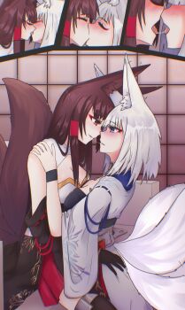 2girls absurdres akagi_(azur_lane) animal_ears azur_lane black_thighhighs blue_eyes blush breasts brown_hair closed_eyes commentary couch english_commentary fox_ears fox_tail french_kiss gloves haori highres incest japanese_clothes kaga_(azur_lane) kiss kitsune looking_at_another makeup miczal multiple_girls multiple_tails red_eyes red_skirt saliva saliva_trail siblings simple_background sisters skirt tail thighhighs white_hair wristband yuri