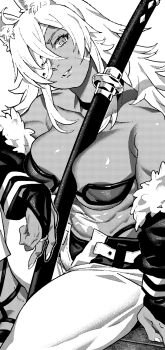 1girl abs animal_ears attack bandeau breasts cat_ears choker cleavage commentary dark-skinned_female dark_skin detached_sleeves eyepatch fur-trimmed_jacket fur_trim ghislaine_dedoldia grey_hair greyscale highleg highleg_panties highres holding holding_sword holding_weapon ireading jacket large_breasts long_hair monochrome muscular muscular_female mushoku_tensei navel open_clothes open_fly open_jacket open_pants panties pants scar scar_on_stomach solo sword tail underwear weapon