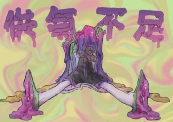 1girl abstract_background black_jumpsuit blonde_hair coat dissolving faceless faceless_female goggles green_background hair_ornament hatsune_miku head_down jumpsuit liquid long_hair melting multicolored_background multicolored_hair nintendo open_clothes open_coat outstretched_legs pink_background pink_hair poison_miku_(project_voltage) pokemon project_voltage purple-tinted_eyewear purple_hair short_jumpsuit sitting sketch solo spread_legs straight-on tinted_eyewear translation_request twintails very_long_hair vocaloid wuwuren yellow_background