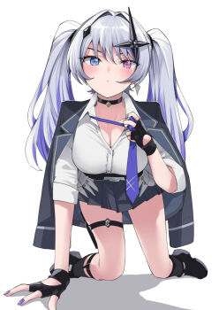 Rule 34 | 1girl, all fours, armored skirt, black boots, black choker, black gloves, black jacket, black socks, blue eyes, blue necktie, blush, boots, breasts, choker, cleavage, clothes grab, collared shirt, cross, cross-shaped pupils, cross hair ornament, earrings, fingerless gloves, gloves, goten (510gensoku), grey hair, hair ornament, harness, heterochromia, highres, inverted cross, jacket, jewelry, kneeling, large breasts, long hair, long sleeves, looking at viewer, necktie, necktie grab, neckwear grab, neo-porte, pink eyes, pleated skirt, shirt, skirt, sleeves rolled up, socks, solo, symbol-shaped pupils, tented shirt, tentei forte, tentei forte (2nd costume), thigh strap, thighs, triangle earrings, twintails, undressing, virtual youtuber, white background, white shirt