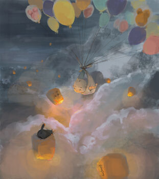 Rule 34 | 1other, above clouds, ambiguous gender, animal, baby, balloon, cat, cloud, commentary, english commentary, floating, highres, lantern, night, original, outdoors, outstretched arms, paper lantern, sky lantern, spread arms, surreal, user hqj0429