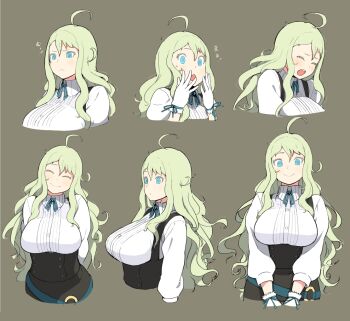 Rule 34 | 1girl, :o, @ @, accio, ahoge, bad id, bad pixiv id, belt, blonde hair, blue eyes, blush, breasts, brown background, reference sheet, closed eyes, multiple expressions, female focus, frown, gloves, green background, green hair, large breasts, long hair, long skirt, looking at viewer, mary janes, messy hair, multiple views, open mouth, original, pixiv fantasia, pixiv fantasia t, shoes, simple background, skirt, smile, standing, surprised, sweatdrop, text focus, underbust, uneri spirala, very long hair, wide hips