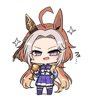 Rule 34 | 1girl, ahoge, animal ears, bow, brown hair, chalice, cup, cupping glass, forehead, full body, grey hair, hand on own hip, highres, holding, holding cup, horse ears, horse girl, horse tail, kawamochi (kawauti919), long hair, long sleeves, multicolored hair, no shoes, orfevre (umamusume), parted bangs, pleated skirt, puffy long sleeves, puffy sleeves, purple shirt, purple skirt, purple thighhighs, school uniform, shadow, shirt, simple background, skirt, solo, standing, tail, thighhighs, tracen school uniform, two-tone hair, umamusume, very long hair, white background, white bow