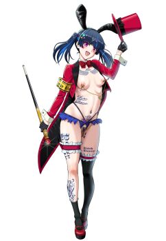 1girl animal_ear_hairband animal_ears black_hair black_thighhighs blue_streaks breasts cane chest_tattoo clitoris_piercing coattails commentary_request cropped_jacket crotchless crotchless_panties detached_collar facial_mark fake_animal_ears female_pubic_hair frilled_thigh_strap full_body hairband hat highres holding holding_unworn_clothes holding_unworn_hat jacket leg_tattoo linked_piercing looking_at_viewer magician mikan_29344886 navel_piercing nipple_piercing nipple_rings nipples open_clothes open_jacket original panties piercing pubic_hair pubic_tattoo purple_eyes pussy_piercing rabbit_ear_hairband rabbit_ears red_hat red_jacket red_shoes ring_piercing shoes simple_background single_thighhigh small_breasts smile solo star_(symbol) star_facial_mark stomach_tattoo tailcoat tattoo thigh_strap thighhighs tongue_piercing top_hat twintails underwear unworn_hat unworn_headwear white_background