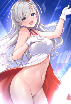 1girl bare_shoulders blue_eyes blush bottomless breasts dress earrings gloves grey_hair hand_on_own_chest hand_up highres hisakawa_hayate idolmaster idolmaster_cinderella_girls jewelry long_hair looking_at_viewer medium_breasts mk_(mod0) navel open_mouth sky sleeveless sleeveless_dress smile solo star_(sky) starry_sky stud_earrings two-tone_dress very_long_hair voy@ger_(idolmaster) wavy_hair white_gloves