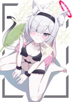 1girl alternate_costume animal_ear_fluff bare_shoulders barefoot bikini black_bikini black_hairband black_wrist_cuffs blue_archive blunt_ends blush bow breasts cat_girl cat_tail cat_teaser cleavage collarbone colored_inner_hair commentary dutch_angle eyes_visible_through_hair feet frilled_bikini frills from_above full_body grey_eyes grey_hair hair_bow hair_over_one_eye hairband halo halterneck highres kanimiso30601 kemonomimi_mode loli long_hair looking_at_viewer looking_up multicolored_hair parted_lips pink_hair plana_(blue_archive) red_halo red_pupils simple_background sitting small_breasts solo sparkle swimsuit symbol-only_commentary tail thighs toes tsurime v_arms very_long_hair white_background white_bow wrist_cuffs yokozuwari