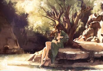 Rule 34 | 1girl, absurdres, animal ears, arknights, barefoot, black nails, breasts, brown hair, closed mouth, coat, commentary, fingernails, full body, gandy (gan3e46), green coat, green eyes, highres, horse ears, horse girl, large breasts, leaning on object, legs, long hair, long sleeves, looking at viewer, meteor (arknights), meteor (bard's holiday) (arknights), naked coat, open clothes, open coat, outdoors, sitting, solo, toenails, toes, tree