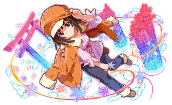 1girl bakemonogatari blue_pants blunt_ends brown_eyes brown_footwear brown_hair cel_shading copyright_notice crash_fever dutch_angle frilled_sleeves frills from_above full_body game_cg jacket jacket_on_shoulders leaf long_sleeves looking_at_viewer maple_leaf medium_hair monogatari_(series) official_art open_clothes open_jacket orange_jacket outline pants pink_ribbon pink_shirt puffy_sleeves red_outline ribbon sengoku_nadeko shirt solo standing standing_on_one_leg tachi-e torii transparent_background