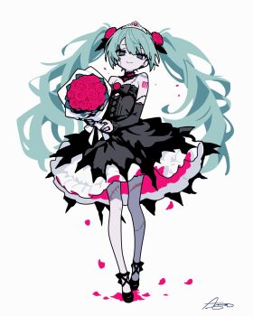 ameniwa aqua_eyes aqua_hair aqua_nails bare_shoulders black_bow black_bowtie black_choker black_dress black_shoes bow bowtie choker dress flower flower_ornament frilled_skirt frills hatsune_miku highres holding holding_flower pink_flower pink_petals shoes silver_tiara simple_background skirt stitches vocaloid zombie