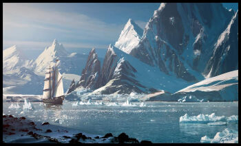 assassin's_creed_(series) assassin's_creed_iv:_black_flag cold commentary english_commentary flock ice lake landscape mountain mountainous_horizon no_humans painterly pirate_ship raphael-lacoste sailing_ship scenery shore signature snow