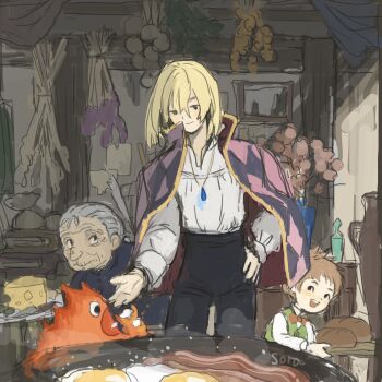 1girl 2boys bacon black_pants blonde_hair bob_cut bread brown_hair calcifer cheese collared_shirt fire food fried_egg green_vest grey_hair hand_on_own_hip highres howl_no_ugoku_shiro howl_pendragon indoors jacket jacket_on_shoulders jewelry loaf_of_bread long_hair long_sleeves markl medium_hair multiple_boys necklace old old_woman pants shirt short_hair slice_of_life smile sophie_hatter_(howl_no_ugoku_shiro) soraoyogusakana vest white_shirt