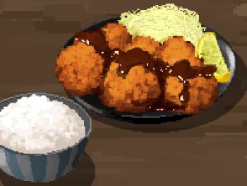 bowl food food_focus fried_food from_above fruit hisachan55cute lemon lemon_slice no_humans original oyster pixel_art plate rice_bowl sauce seafood tartar_sauce variant_set