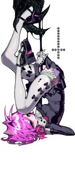 1girl 1other absurdres animal_ears black_dress black_shoes blush cat_ears cat_girl cross dress fingernails full_body gloves green_eyes highres inverted_cross legs_up monster original pink_hair platform_shoes scocasr sharp_fingernails shoes short_hair simple_background skindentation sleeve_cuffs sleeves_past_wrists thighhighs upside-down white_background white_gloves white_thighhighs