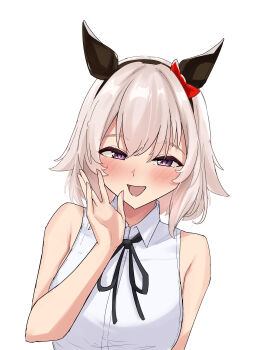 1girl :d absurdres bow commentary_request curren_chan_(umamusume) ear_bow ear_covers gryebooks highres horse_girl looking_at_viewer open_mouth purple_eyes red_bow shirt short_hair simple_background sleeveless sleeveless_shirt smile solo umamusume white_background white_hair white_shirt