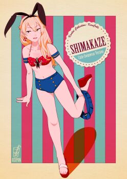 1girl alternate_costume anchor animal_ears armband artist_name bare_legs bikini bikini_top_only blonde_hair buruma character_name commentary earrings fake_animal_ears full_body hair_over_shoulder highres jewelry kantai_collection leg_up lifebuoy long_hair microskirt navel ojipon open_mouth pleated_skirt polka_dot polka_dot_bikini rabbit_ears red_sandals sandals shadow shimakaze_(kancolle) skirt skirt_around_one_leg smile solo standing standing_on_one_leg swim_ring swimsuit tsurime undressing yellow_eyes