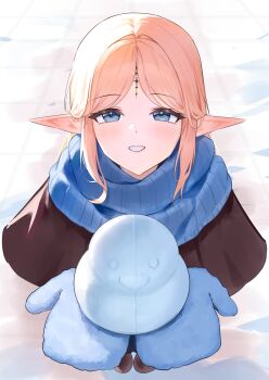 Rule 34 | 1girl, absurdres, alternate costume, blonde hair, blue eyes, blue mittens, blue scarf, cartethyia (wuthering waves), commentary, from above, hashtag-only commentary, highres, holding snowman, light blush, looking at viewer, mittens, myumyu431, outdoors, outstretched arms, parted bangs, pointy ears, scarf, sidelocks, solo, tacet mark (wuthering waves), wuthering waves