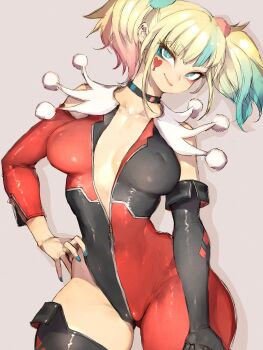 1girl adapted_costume batman_(series) blonde_hair blue_eyes blue_hair breasts cleavage contrapposto dc_comics elbow_gloves fumio_(rsqkr) gloves hand_on_own_hip harley_quinn harley_quinn_(suicide_squad_isekai) head_tilt highres jewelry large_breasts lipstick long_hair looking_at_viewer makeup mismatched_eyeshadow multicolored_hair navel nipples_visible_through_shirt red_hair shorts single_elbow_glove single_thighhigh smile solo suicide_squad suicide_squad_isekai thighhighs twintails white_facepaint