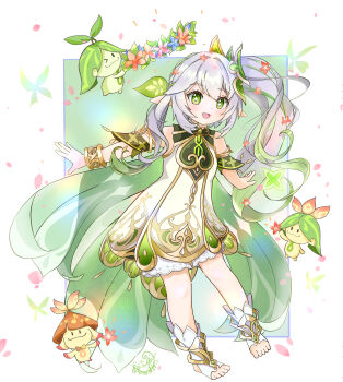 1girl :d absurdres aranara_(genshin_impact) bare_shoulders bloomers blue_flower blush bracelet commentary_request dated detached_sleeves dress flower flower_wreath full_body genshin_impact gold_trim gradient_hair green_eyes green_hair green_sleeves hair_between_eyes hair_ornament head_wreath highres holding holding_wreath jewelry leaf_hair_ornament long_hair multicolored_hair nahida_(genshin_impact) open_mouth partial_commentary pink_flower pointy_ears red_flower riosnowleopard side_ponytail signature sleeveless sleeveless_dress smile solo star-shaped_pupils star_(symbol) stirrup_legwear symbol-shaped_pupils toeless_legwear toes underwear white_bloomers white_dress white_hair