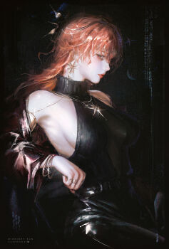 1girl absurdres alternate_costume artist_name augusta_(wuthering_waves) bare_shoulders black_pants bracelet breasts closed_mouth commentary earrings english_commentary english_text highres jewelry large_breasts long_hair looking_at_viewer orange_hair pants red_eyes shirt shirt_tucked_in sleeveless sleeveless_shirt solo sun_earrings sun_necklace turtleneck turtleneck_shirt ui_uiiiiiiiii wring wuthering_waves