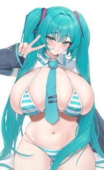 1girl alternate_breast_size_(larger) aqua_hair aqua_nails aqua_necktie bikini blush breasts closed_mouth commentary covered_erect_nipples detached_sleeves hair_between_eyes hair_intakes hair_ornament hatsune_miku headset highres huge_breasts kuavera long_hair looking_at_viewer miku_collar_bikini nail_polish necktie simple_background skindentation smile striped_bikini striped_clothes swimsuit v very_long_hair vocaloid white_background