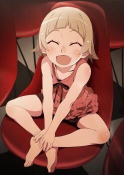 :d ^_^ arched_bangs bare_arms barefoot black_bloomers black_ribbon blonde_hair bloomers blush chair checkered_floor closed_eyes collarbone crossed_ankles dress fang fingernails flat_chest frilled_dress frills from_above full_body gesugesu_ahoaho hands_on_feet hands_on_own_feet happy indian_style kizumonogatari knee_blush looking_at_viewer monogatari_(series) on_chair open_mouth oshino_shinobu red_dress ribbon shadow short_dress short_hair shoulder_blush sitting sleeveless sleeveless_dress smile toenails turtleneck underwear v_arms