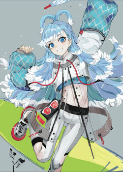 Rule 34 | 1girl, arm up, blue eyes, blue hair, commentary request, cropped hoodie, grey background, grin, highres, hololive, hololive indonesia, hood, hoodie, kobo kanaeru, kobo kanaeru (1st costume), long hair, long sleeves, looking at viewer, midriff, multicolored hair, simple background, smile, solo, thigh gap, two-tone hair, uturo, virtual youtuber, white hair