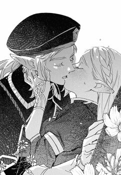 Rule 34 | 1boy, 1girl, beret, braid, closed eyes, crown braid, greyscale, hashtag-only commentary, hat, hetero, kiss, link, monochrome, nintendo, pointy ears, princess zelda, renyuu, royal guard set (zelda), simple background, the legend of zelda, the legend of zelda: breath of the wild, upper body, white background