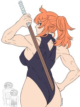 Rule 34 | 1girl, ass, asta (black clover), black clover, breasts, female focus, food, from behind, fruit, highres, huge ass, looking at viewer, mereoleona vermillion, muscular, muscular female, one-piece swimsuit, skwd, swimsuit, sword, thick thighs, thighs, watermelon, weapon, wooden sword, yami sukehiro