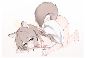 1girl animal_ears barefoot blue_eyes bottomless dog_ears dog_girl dog_tail full_body grey_hair highres long_hair looking_at_viewer naked_shirt off_shoulder original riya_(01214) shirt short_sleeves simple_background solo tail top-down_bottom-up white_background white_shirt
