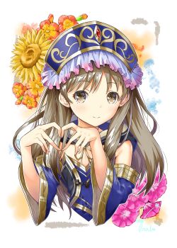 Rule 34 | 1girl, absurdres, atelier (series), atelier magnolia, atelier meruru, brown eyes, brown hair, closed mouth, commentary request, eyelashes, flower, gem, heart, heart hands, highres, long hair, looking at viewer, pink flower, red gem, smile, solo, totooria helmold, white background, yellow flower