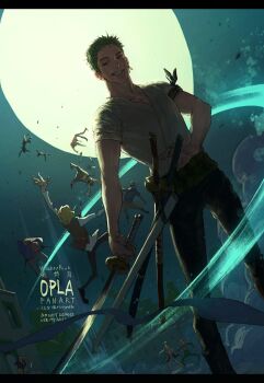6+boys bandana_around_arm black_pants character_request commentary_request earrings falling full_moon grin highres jewelry looking_at_viewer male_focus moon moon_behind_head multiple_boys night one_piece pants pectoral_cleavage pectorals plytometo roronoa_zoro shirt short_hair short_sleeves smile solo solo_focus sword weapon white_shirt