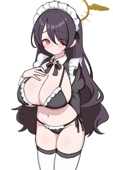 1girl apron arm_behind_back bikini black_bikini black_hair blue_archive blue_eyes breasts brown_halo cleavage commentary cowboy_shot halo hand_on_own_chest highres hinata_(blue_archive) io9 large_breasts long_hair looking_at_viewer maid_apron navel red_eyes side-tie_bikini_bottom simple_background swimsuit thighhighs white_background white_thighhighs