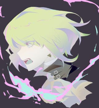1boy androgynous ascot black_background black_jacket chinese_commentary commentary_request cropped_shoulders eyes_visible_through_hair fang fire from_side green_eyes green_hair highres jacket lio_fotia male_focus open_mouth pink_fire promare rafag short_hair solo white_ascot