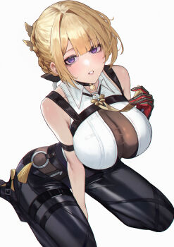 Rule 34 | 1girl, absurdres, arm strap, bare shoulders, black pants, blonde hair, blush, bodystocking, breasts, chest harness, commentary, english commentary, evelyn chevalier, harness, high-waist pants, highres, large breasts, latex pants, long ribbon, looking at viewer, mole, mole under eye, necktie, pants, parted lips, pendant choker, purple eyes, ring hair ornament, see-through clothes, shirt, simple background, sitting, sleeveless, sleeveless shirt, solo, tight clothes, tight pants, wariza, white background, white shirt, yellow necktie, yuhou rainbow, zenless zone zero