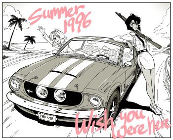 Rule 34 | 2girls, absurdres, bb (baalbuddy), belt, car, closed mouth, commentary, commission, dark-skinned female, dark skin, english commentary, english text, ford mustang, greyscale, gun, gunsmith cats, hair between eyes, highres, holster, license plate, long sleeves, medium hair, minnie may hopkins, monochrome, motor vehicle, multiple girls, necktie, open mouth, outdoors, over shoulder, palm tree, pencil skirt, rally vincent, shelby gt500, shirt, shoes, short hair, shotgun, shoulder holster, skirt, smile, standing, tree, waving, weapon, weapon over shoulder