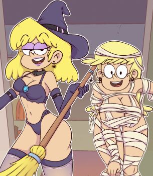 2girls alternate_breast_size bandages blonde_hair breasts choker cleavage commentary earrings english_commentary halloween hat heydraws highres jewelry large_breasts leni_loud lori_loud midriff multiple_girls mummy_costume naked_bandage pink_lips siblings sisters the_loud_house witch witch_hat