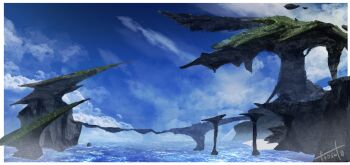 absurdres artist_name blue_sky border cloud commentary floating_island highres landscape no_humans ocean outdoors outside_border scenery signature sky toosut0 water white_border xenoblade_chronicles_(series) xenoblade_chronicles_x