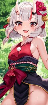 1girl :d absurdres bell black_kimono blurry blurry_background breasts center-flap_bangs commentary day english_commentary fangs gold_trim grey_hair groin hair_bell hair_between_horns hair_ornament highres hololive horns japanese_clothes jingle_bell kimono looking_at_viewer low_twintails mask mask_on_head maverick_(mvk022) medium_hair multicolored_hair nakiri_ayame nakiri_ayame_(1st_costume) oni oni_mask open_mouth outdoors pelvic_curtain pom_pom_(clothes) red_eyes red_hair red_kimono skin-covered_horns sleeveless sleeveless_kimono small_breasts smile solo streaked_hair tassel tassel_hair_ornament twintails virtual_youtuber