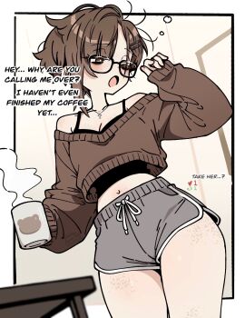 1girl asami-chan bare_shoulders black-framed_eyewear body_freckles brown_eyes brown_hair cross cross_necklace cup dolphin_shorts english_text freckles grey_shorts hair_ornament hairclip highres hip_focus holding holding_cup hozuki_asami_(asami-chan) indoors jewelry looking_to_the_side navel necklace one_eye_closed open_mouth original short_hair short_shorts shorts solo standing thick_thighs thigh_freckles thighs yawning