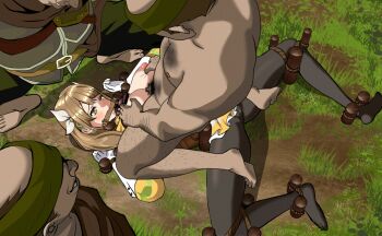 1girl 3boys bdsm bit_gag bondage bound bound_ankles bound_arms bound_legs bound_wrists breasts breasts_out clothed_female_nude_male clothed_male_nude_male female_focus fire_emblem fire_emblem_engage gag gagged goldmary_(fire_emblem) groping kou_(spad7u59) lying multiple_boys nintendo nipples no_bra no_shoes nude on_back outdoors paid_reward_available paizuri pantyhose rape rope straddling tagme