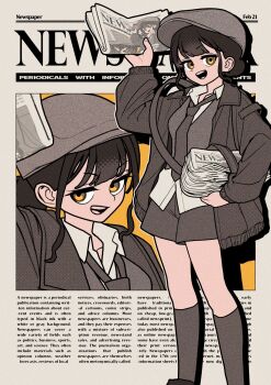 1girl arimoto_wataru black_hair black_socks coat hat highres necktie newspaper original short_hair socks