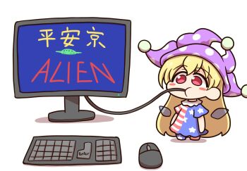 1girl american_flag american_flag_dress american_flag_legwear american_flag_print american_flag_shirt blonde_hair blush blush_stickers chibi clownpiece commentary_request computer computer_keyboard computer_mouse dress english_text fairy_wings flag_print hat highres jester_cap long_hair monitor neck_ruff pantyhose polka_dot polka_dot_headwear print_shirt purple_hat red_eyes shirt shitacemayo short_sleeves solo star_(symbol) star_print striped_clothes striped_dress touhou translation_request transparent_wings ufo white_background wings