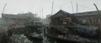 boat building canal commentary day english_commentary highres house no_humans original outdoors overcast photorealistic pier power_lines realistic scenery sky stairs transmission_tower trash variant_set watercraft yamadera_kei